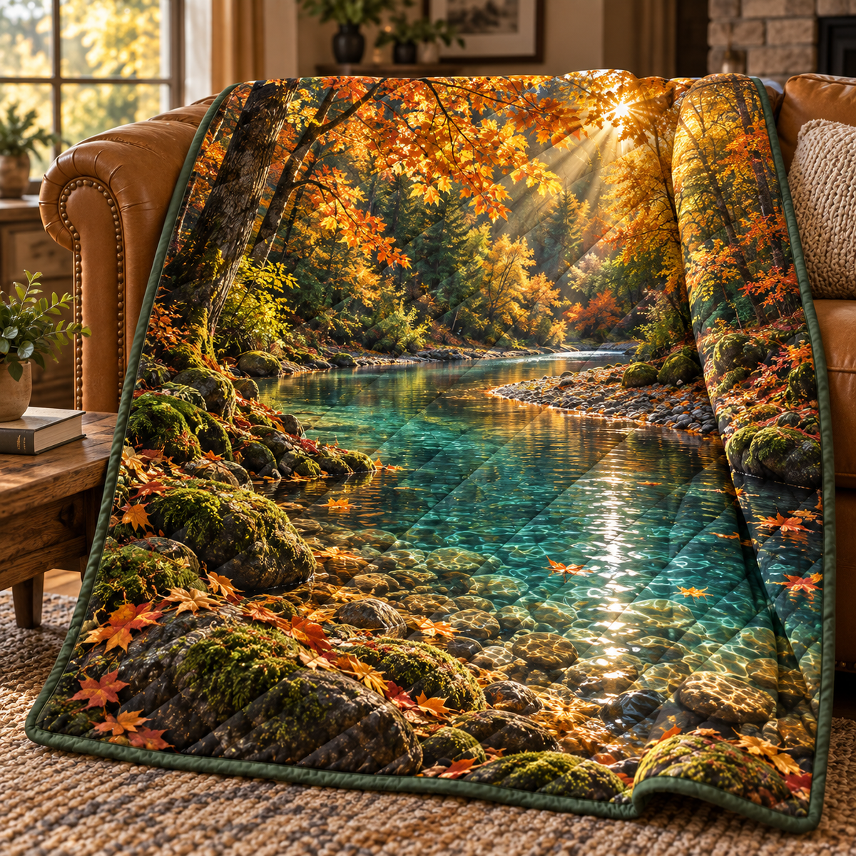 Amberbend Creek Living Room Quilt Blanket with printed optical 3D artwork in its use setting