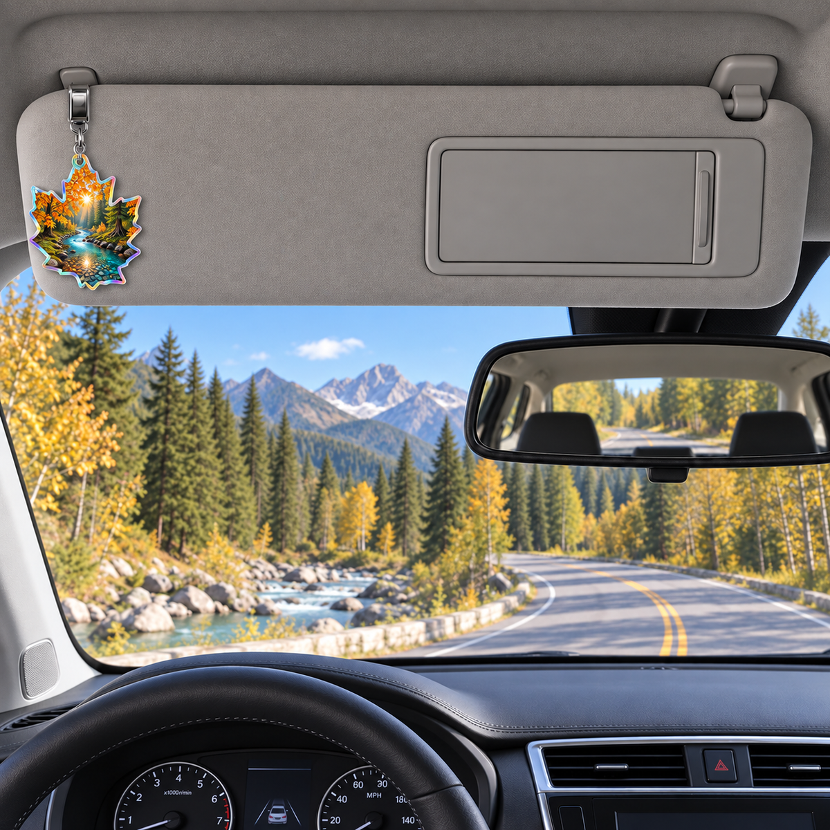 Amberbend Creek Living Room Holographic Car Visor Clip with printed optical 3D artwork in its use setting