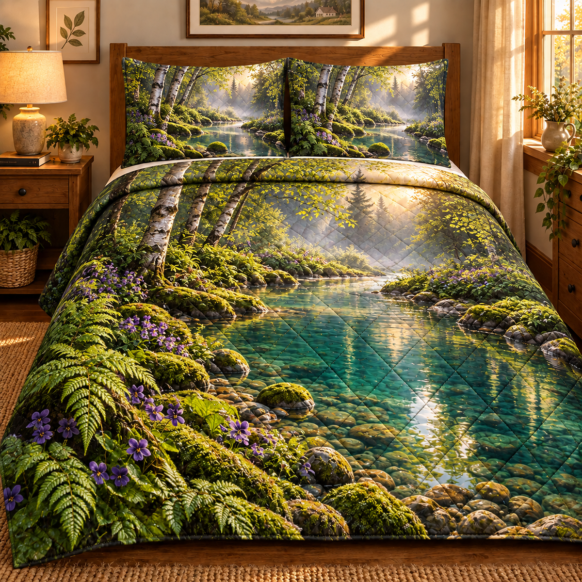 Quiet Fernbrook Desk Retreat Quilted Bedding Set with printed optical 3D artwork in its use setting