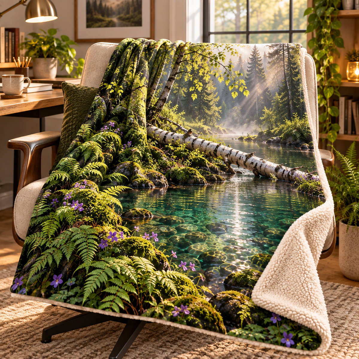 Quiet Fernbrook Desk Retreat Sherpa & Fleece Blanket with printed optical 3D artwork in its use setting