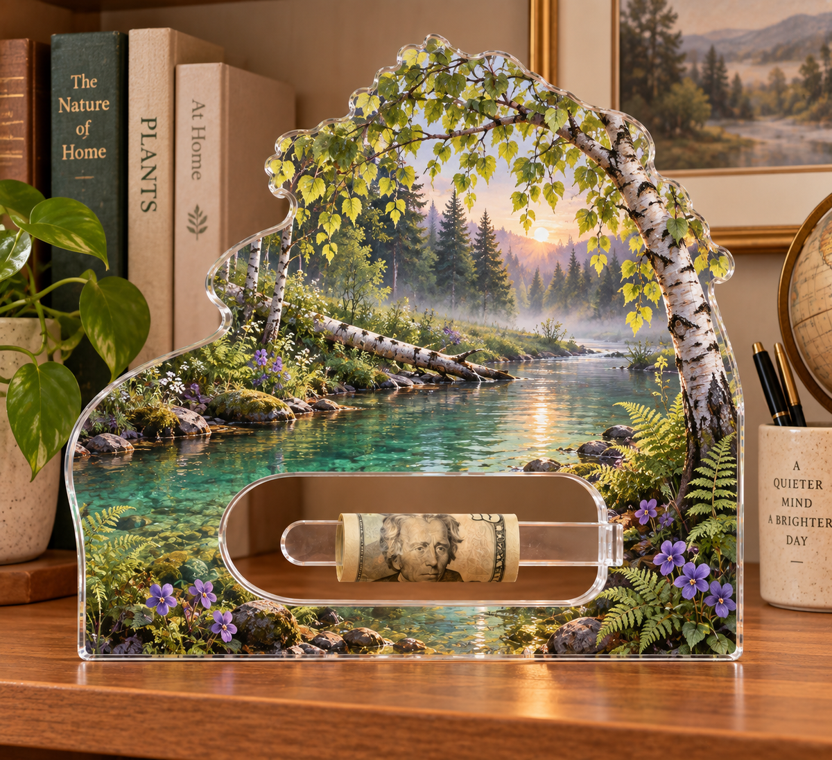 Quiet Fernbrook Desk Retreat Acrylic Cash Holder Ornament with printed optical 3D artwork in its use setting