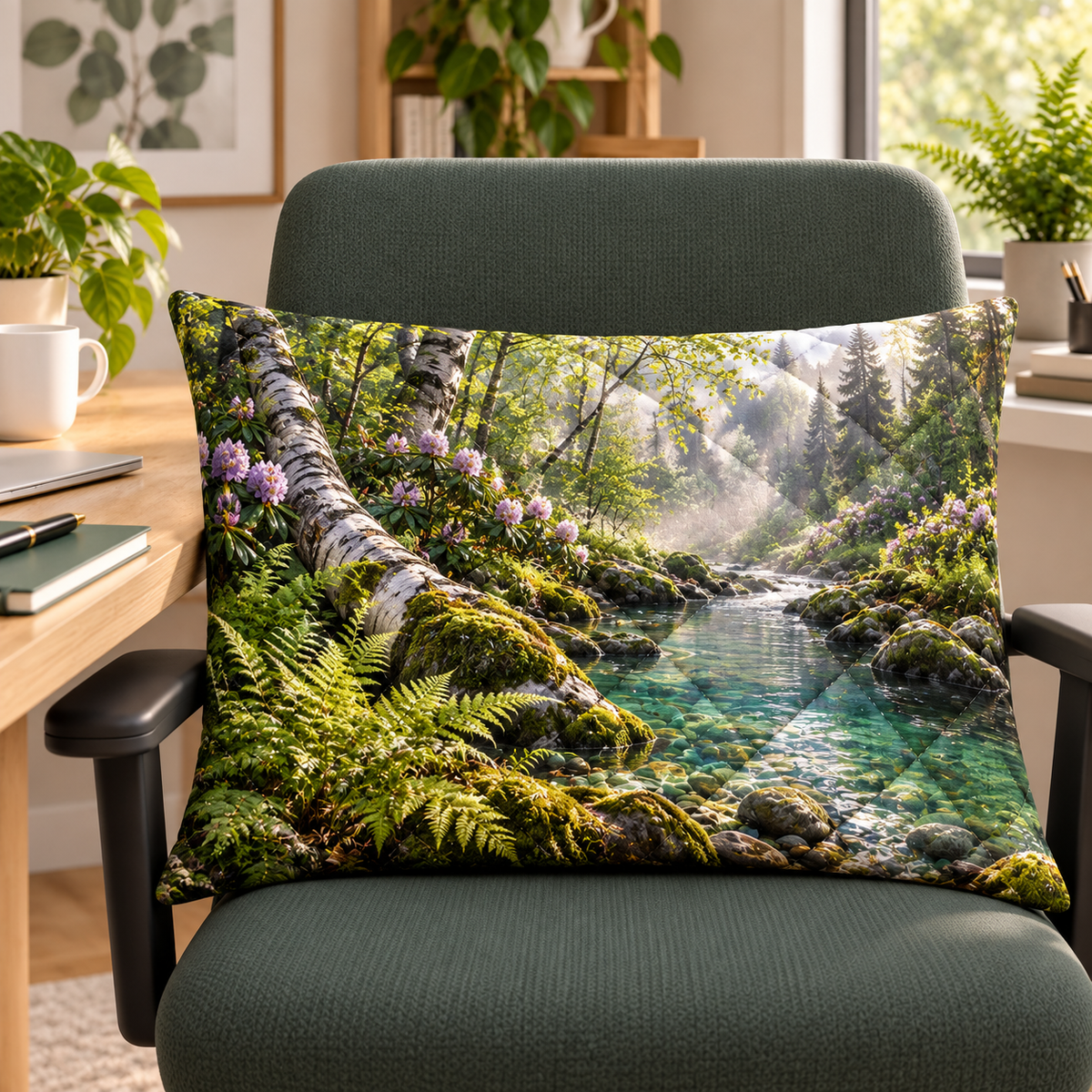 Quiet Fernbrook Desk Retreat Quilted Cushion Cover with printed optical 3D artwork in its use setting