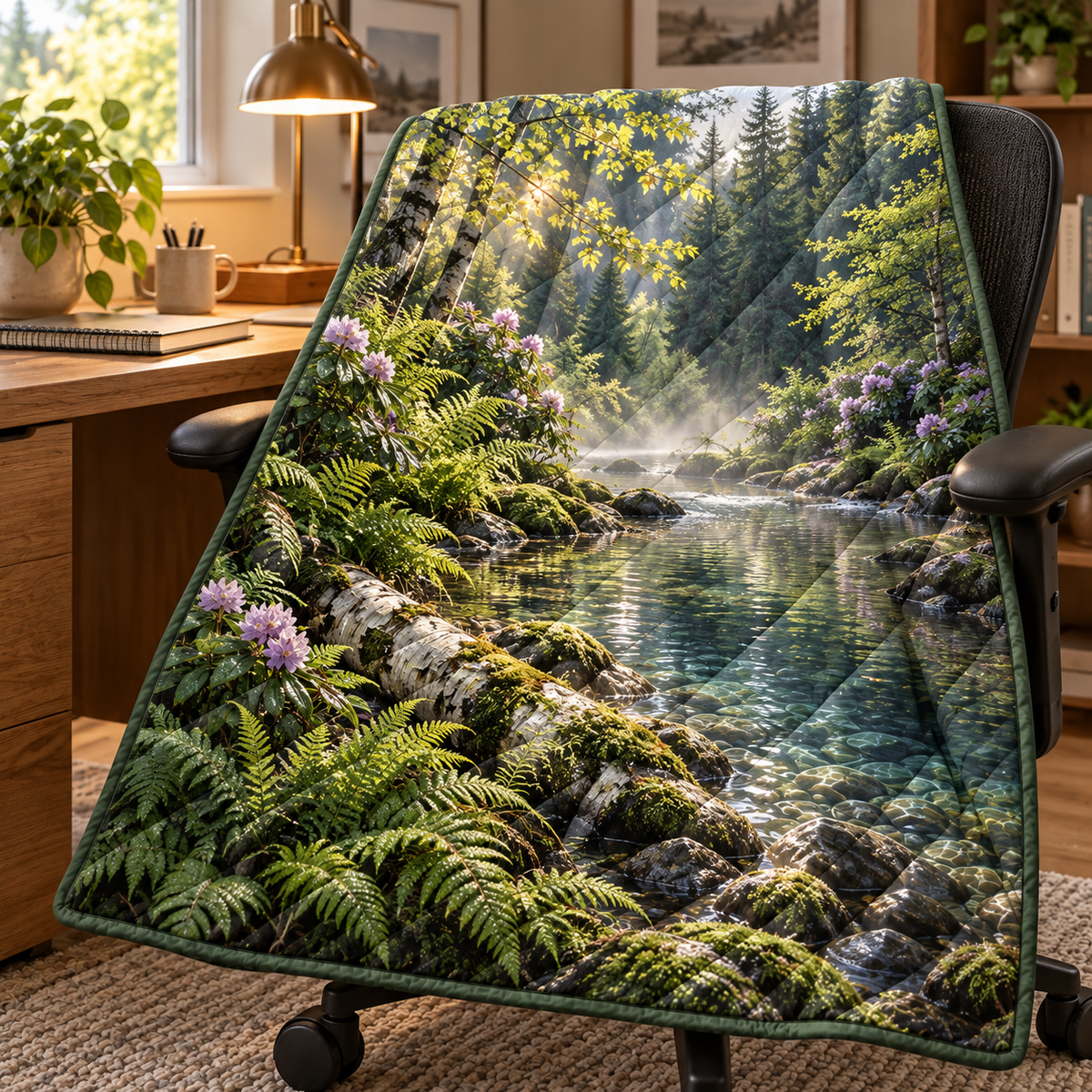 Quiet Fernbrook Desk Retreat Quilt Blanket with printed optical 3D artwork in its use setting