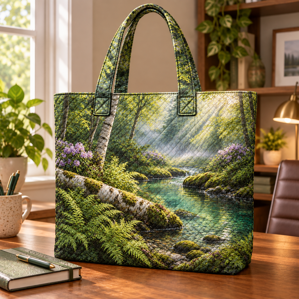 Quiet Fernbrook Desk Retreat Quilted Tote Bag with printed optical 3D artwork in its use setting