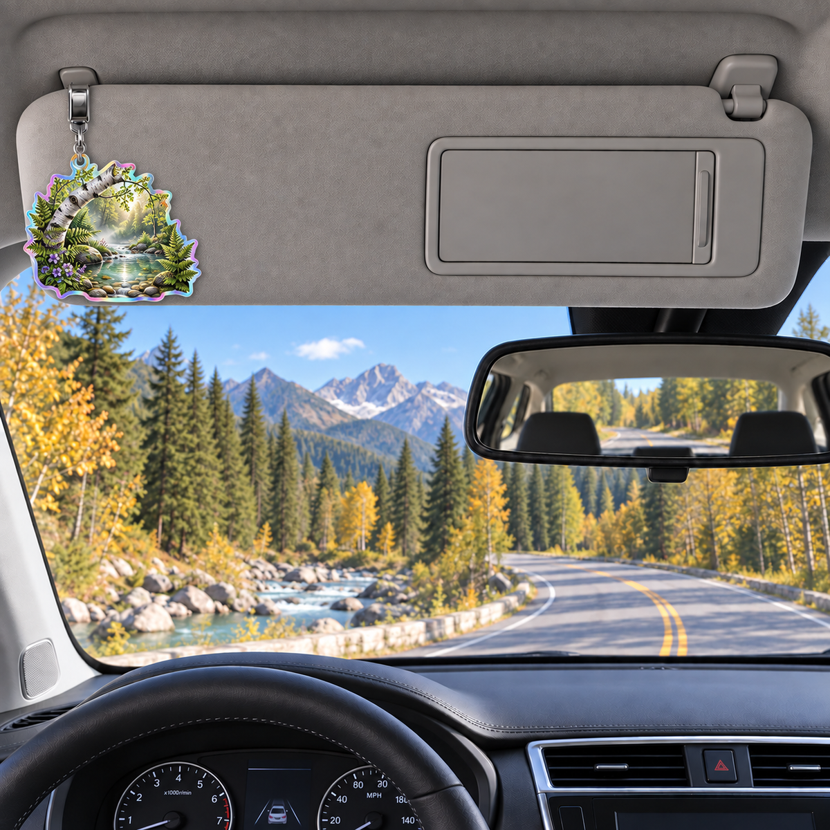 Quiet Fernbrook Desk Retreat Holographic Car Visor Clip with printed optical 3D artwork in its use setting