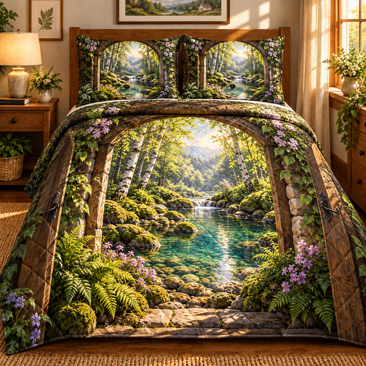 Brookside New Home Celebration Quilted Bedding Set with printed optical 3D artwork in its use setting