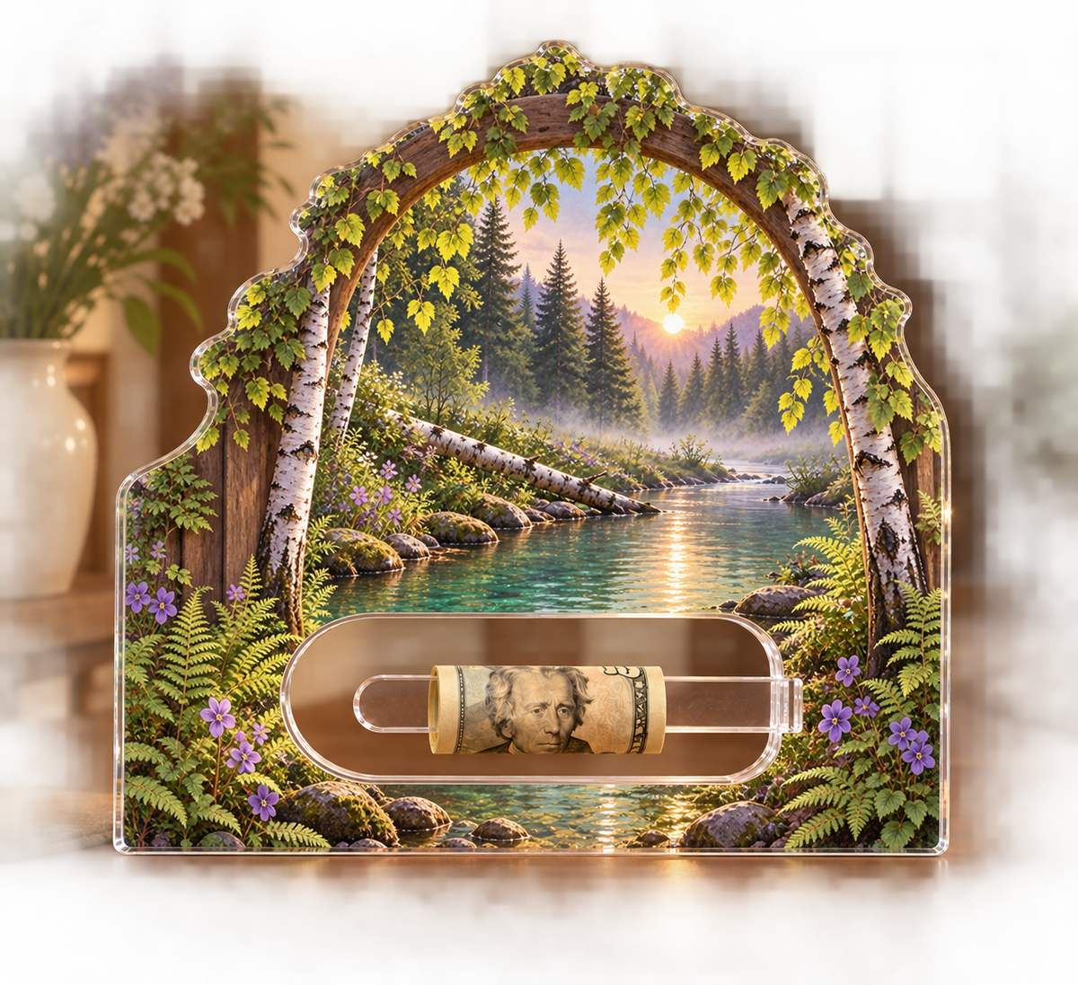 Brookside New Home Celebration Acrylic Cash Holder Ornament with printed optical 3D artwork in its use setting