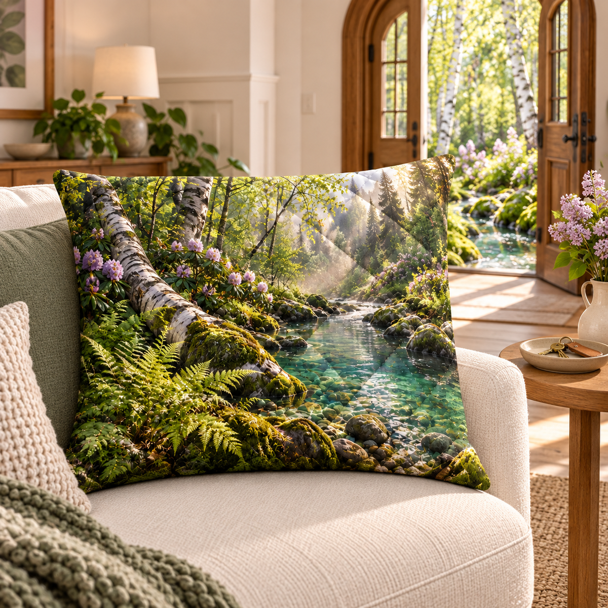 Brookside New Home Celebration Quilted Cushion Cover with printed optical 3D artwork in its use setting