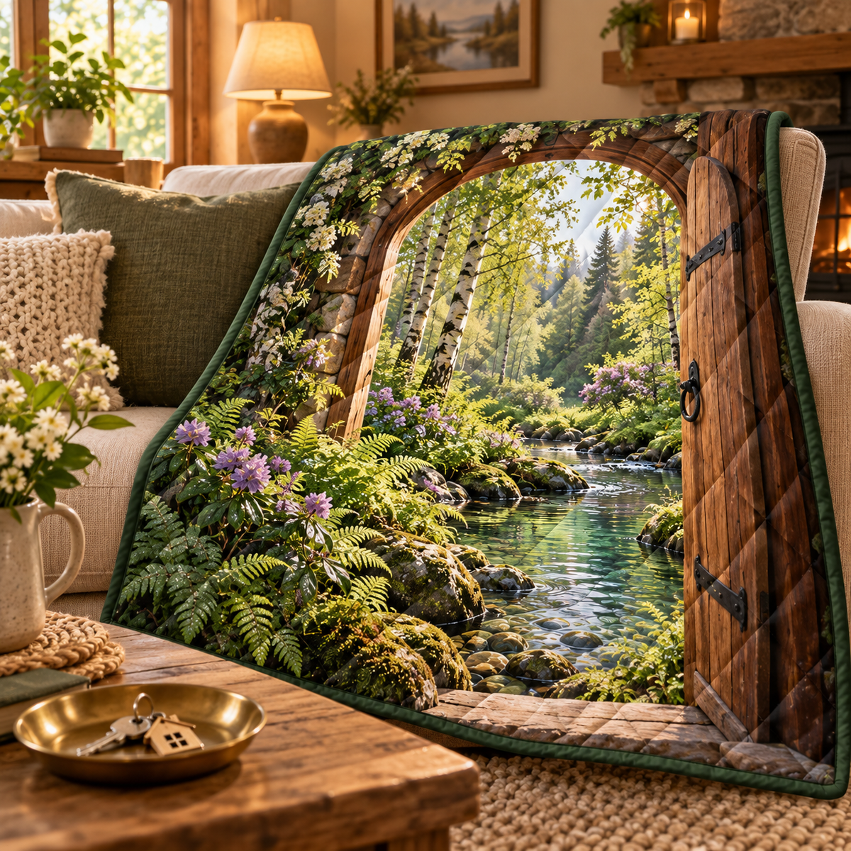 Brookside New Home Celebration Quilt Blanket with printed optical 3D artwork in its use setting