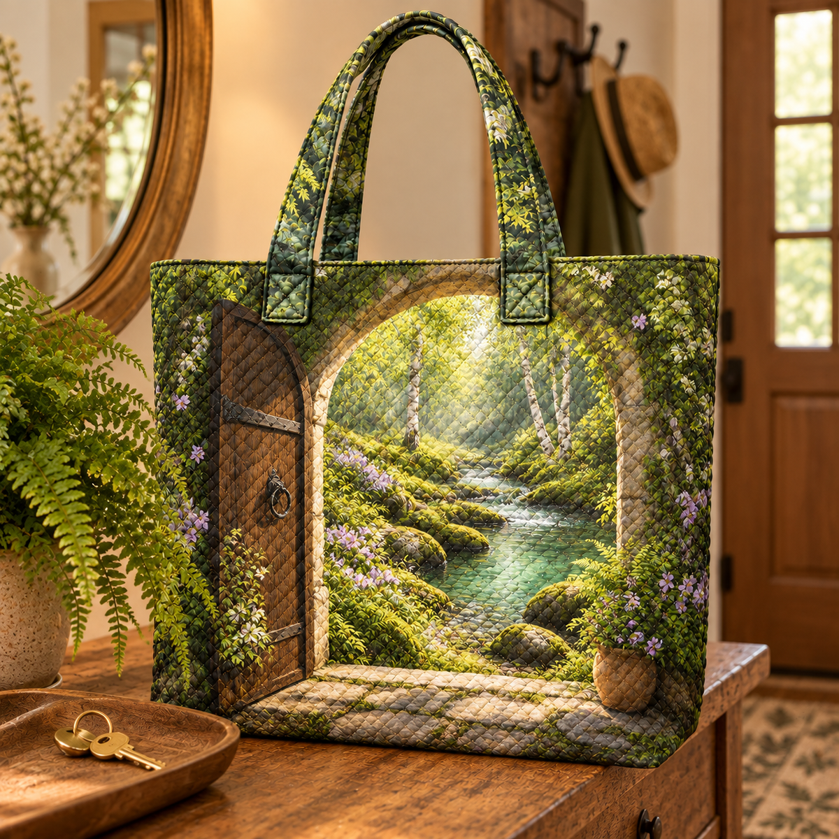 Brookside New Home Celebration Quilted Tote Bag with printed optical 3D artwork in its use setting
