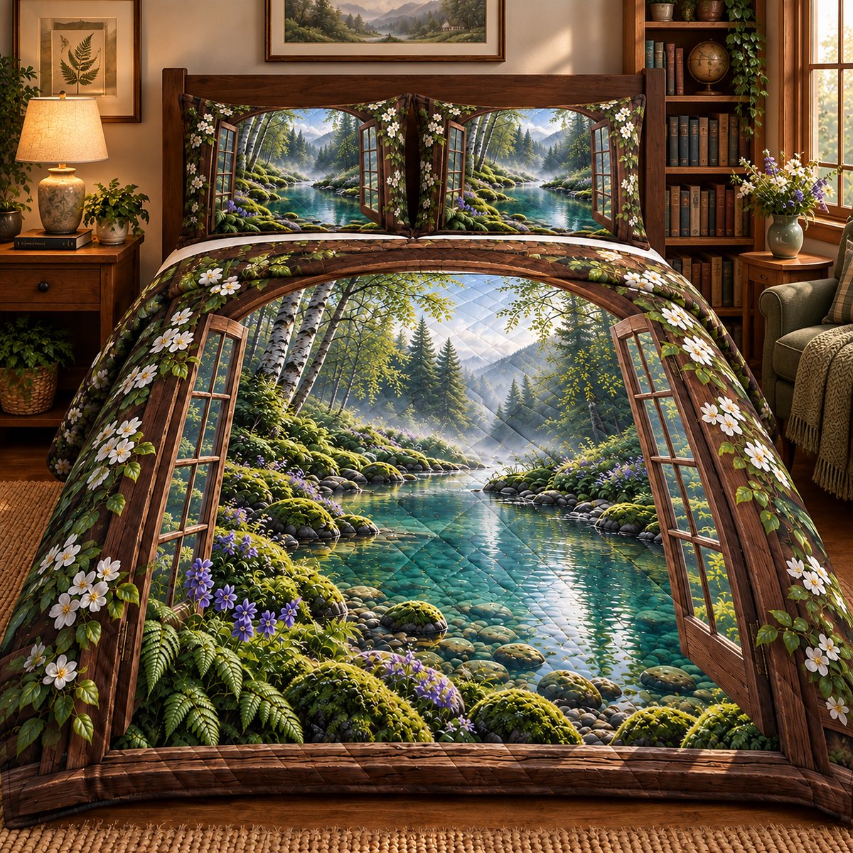 Mosslight Reading Nook Quilted Bedding Set with printed optical 3D artwork in its use setting
