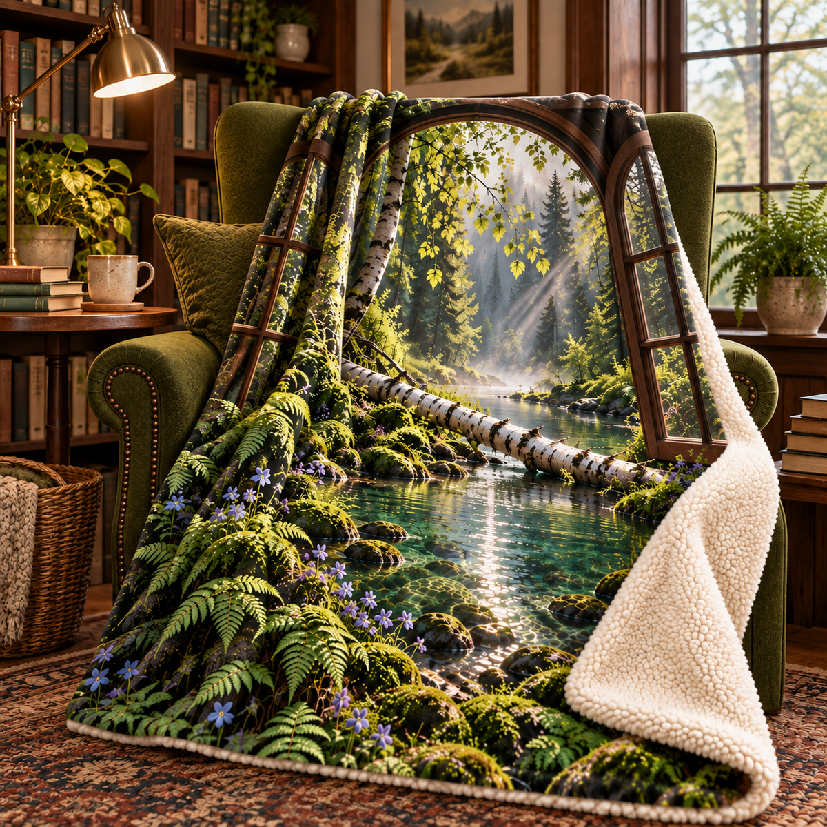 Mosslight Reading Nook Sherpa & Fleece Blanket with printed optical 3D artwork in its use setting