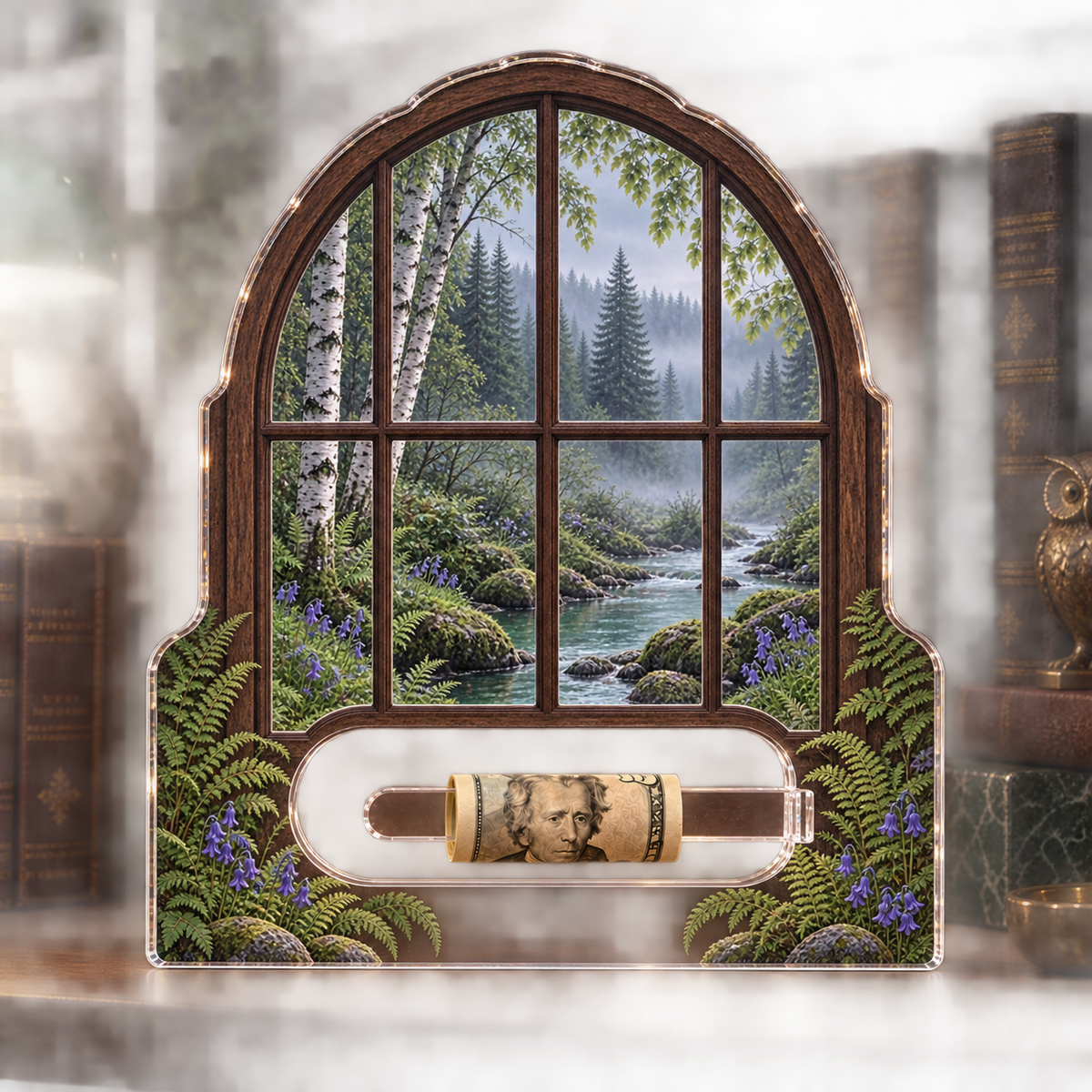 Mosslight Reading Nook Acrylic Cash Holder Ornament with printed optical 3D artwork in its use setting