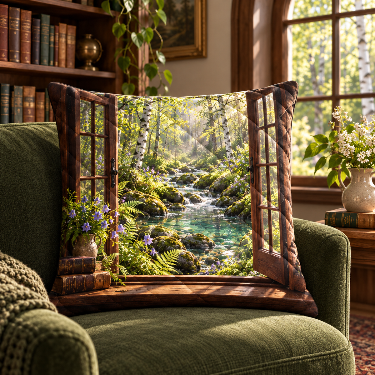 Mosslight Reading Nook Quilted Cushion Cover with printed optical 3D artwork in its use setting