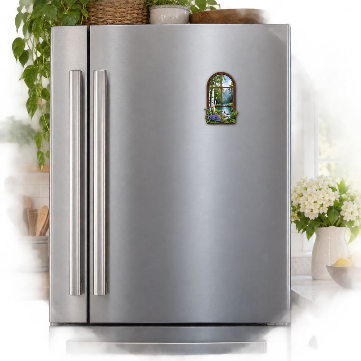 Mosslight Reading Nook Acrylic Refrigerator Magnet with printed optical 3D artwork in its use setting
