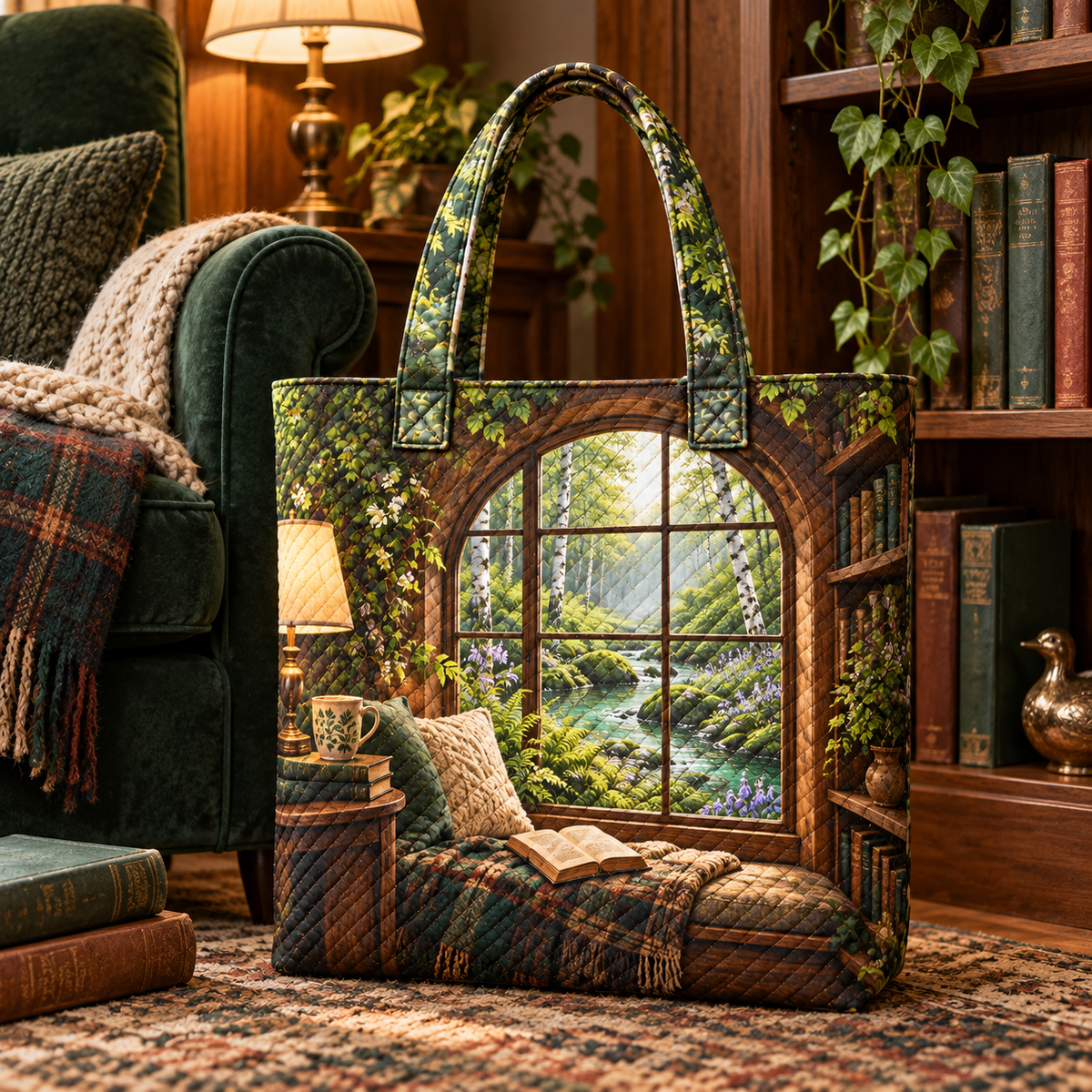 Mosslight Reading Nook Quilted Tote Bag with printed optical 3D artwork in its use setting