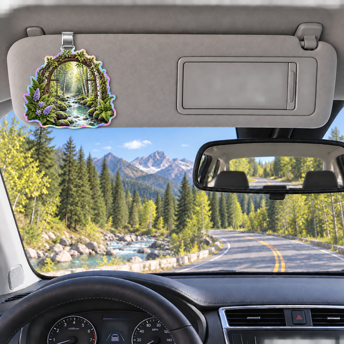 Mosslight Reading Nook Holographic Car Visor Clip with printed optical 3D artwork in its use setting