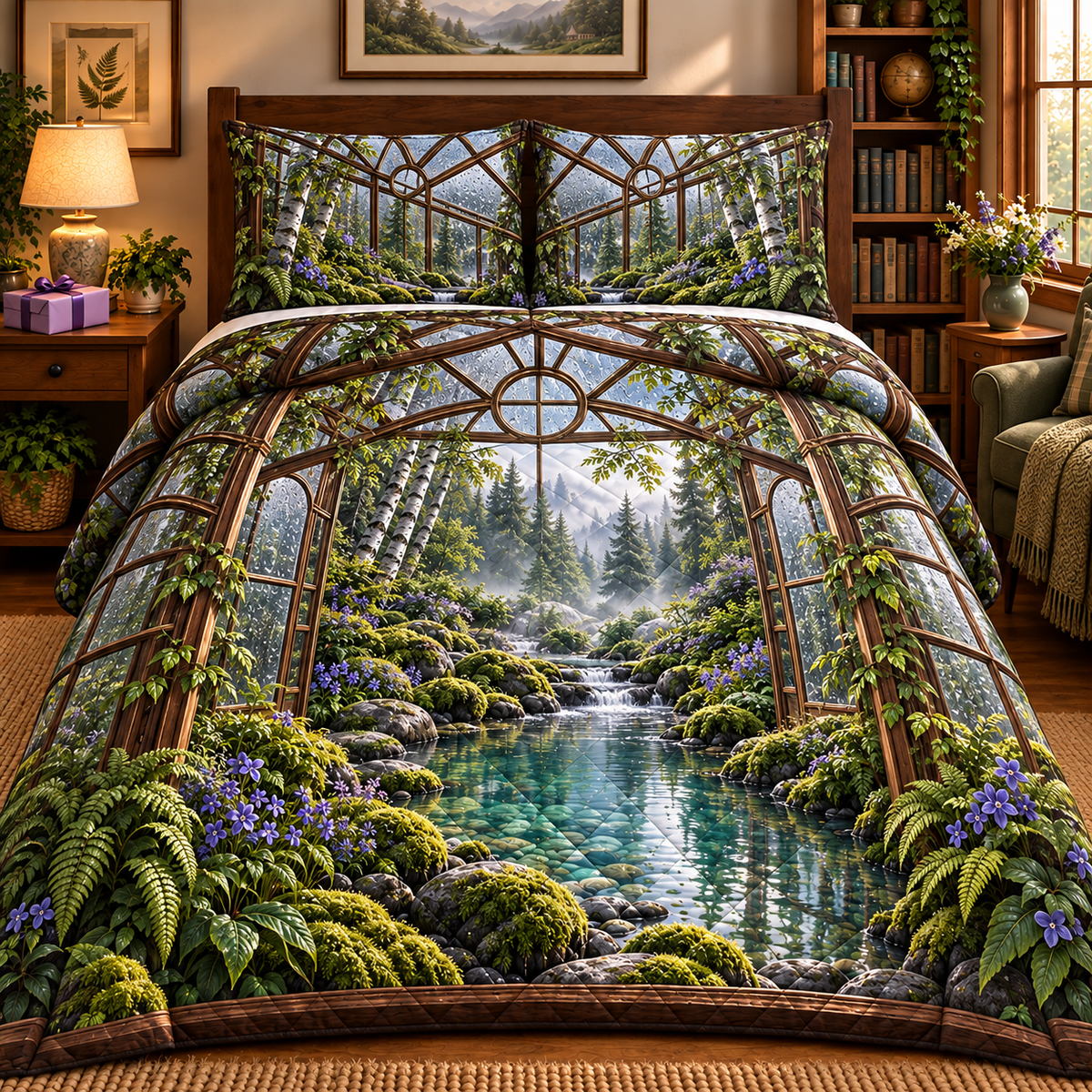 Tanglewood Curio Brook Quilted Bedding Set with printed optical 3D artwork in its use setting