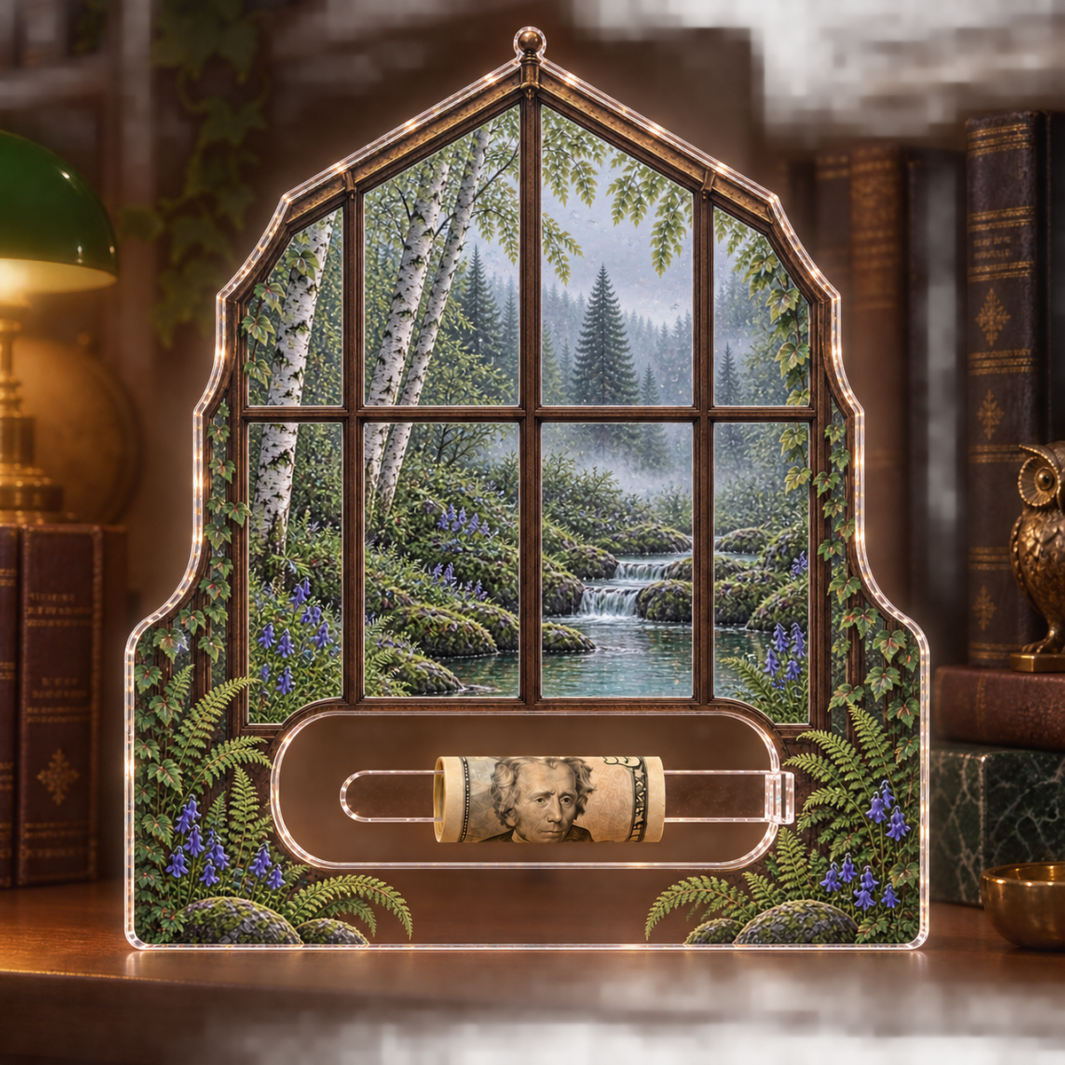 Tanglewood Curio Brook Acrylic Cash Holder Ornament with printed optical 3D artwork in its use setting