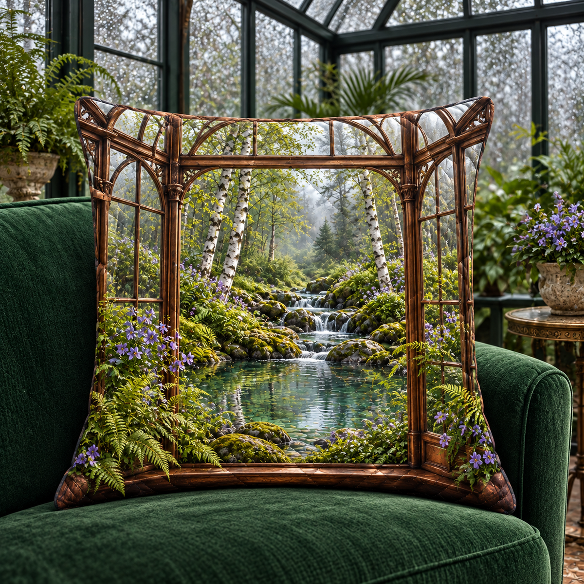 Tanglewood Curio Brook Quilted Cushion Cover with printed optical 3D artwork in its use setting