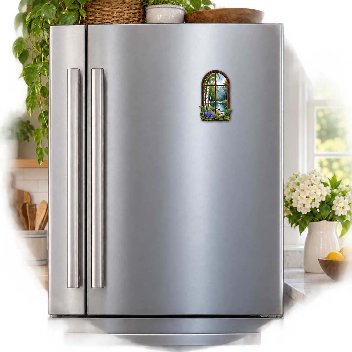 Tanglewood Curio Brook Acrylic Refrigerator Magnet with printed optical 3D artwork in its use setting