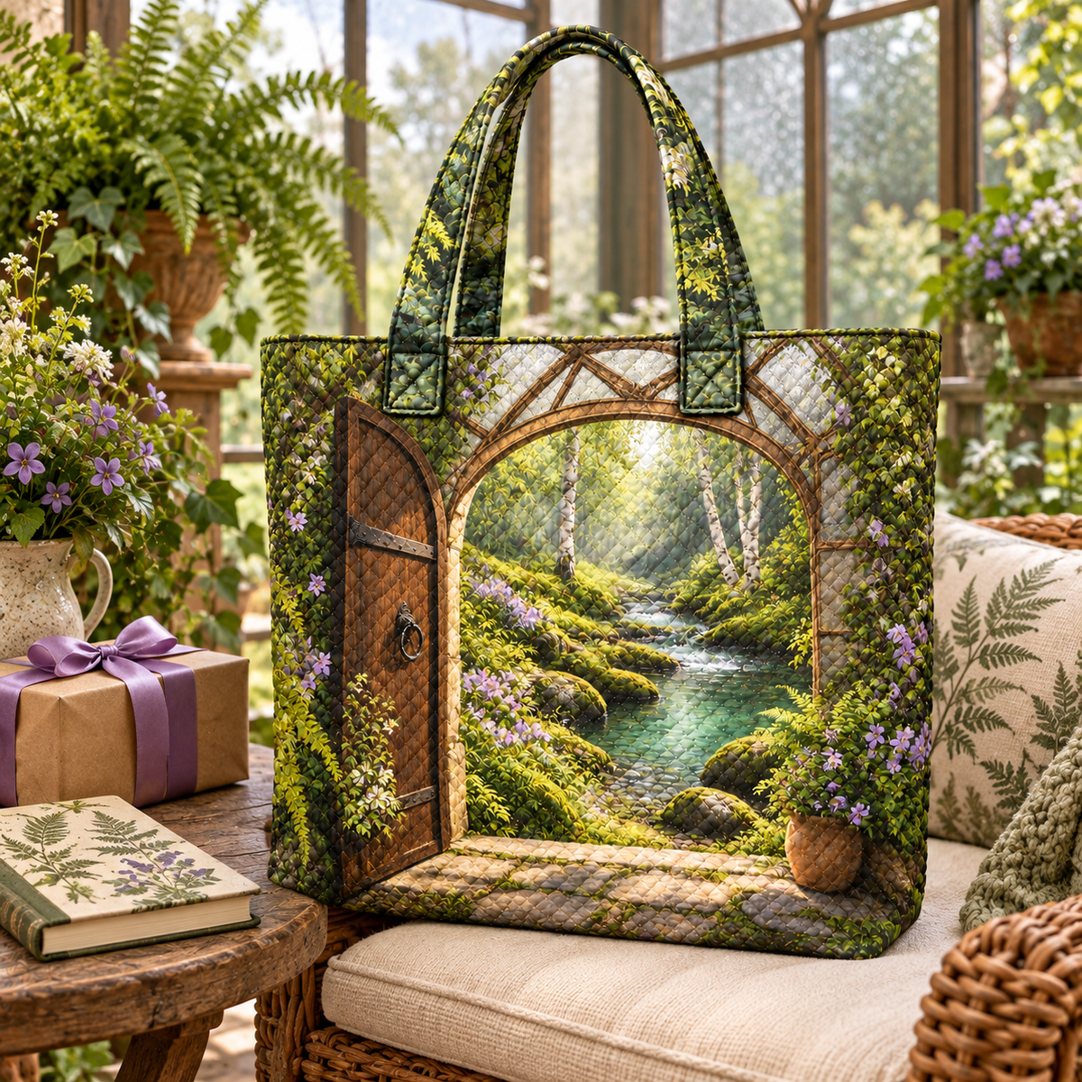 Tanglewood Curio Brook Quilted Tote Bag with printed optical 3D artwork in its use setting