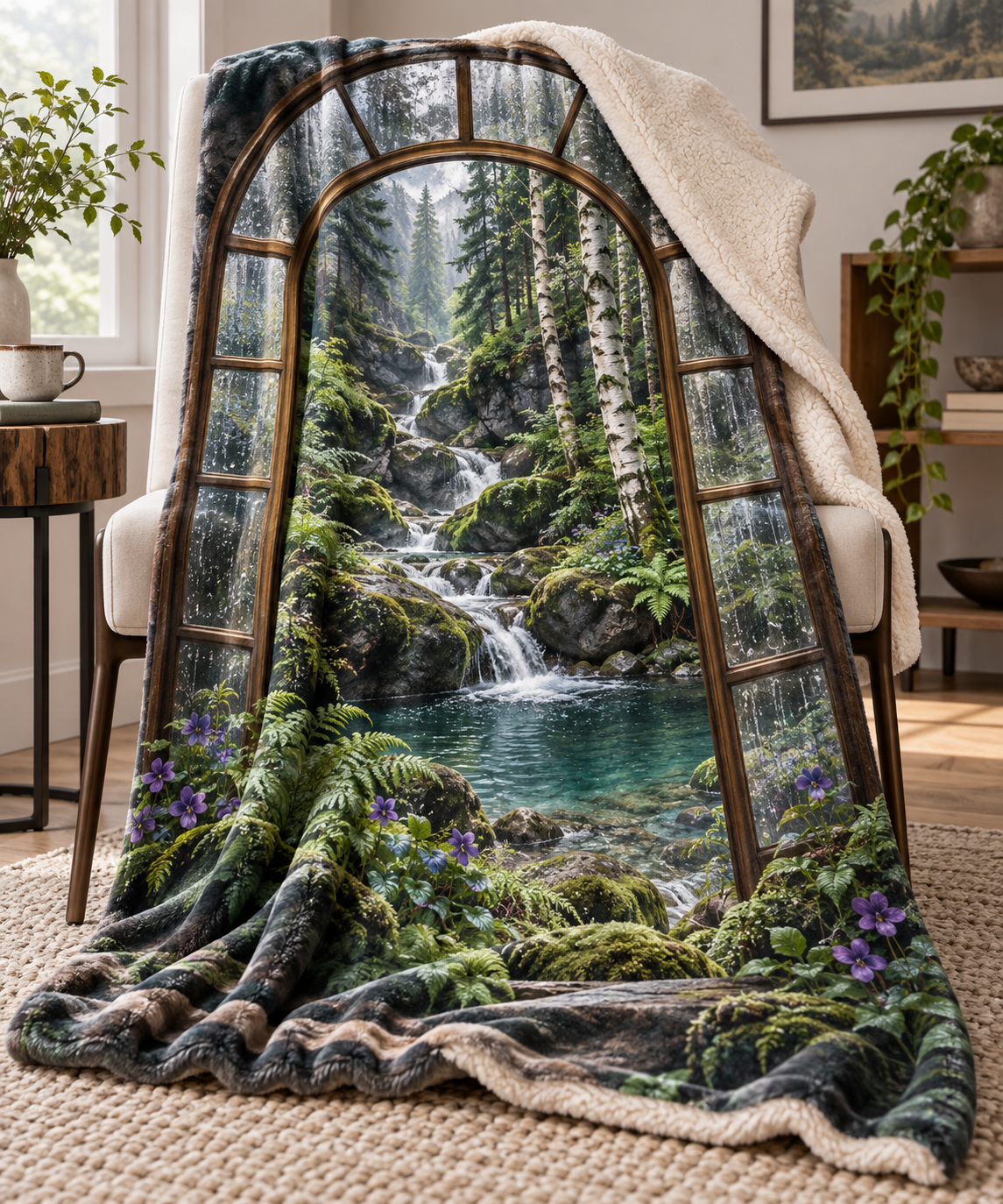 Silverthread Gallery Brook Sherpa & Fleece Blanket with printed optical 3D artwork in its use setting