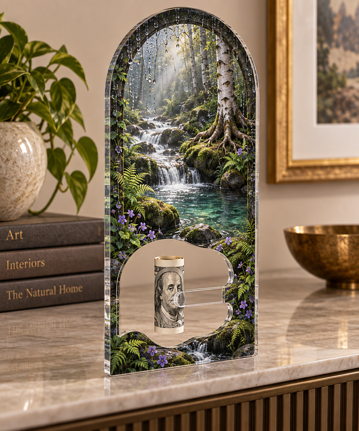 Silverthread Gallery Brook Acrylic Cash Holder Ornament with printed optical 3D artwork in its use setting