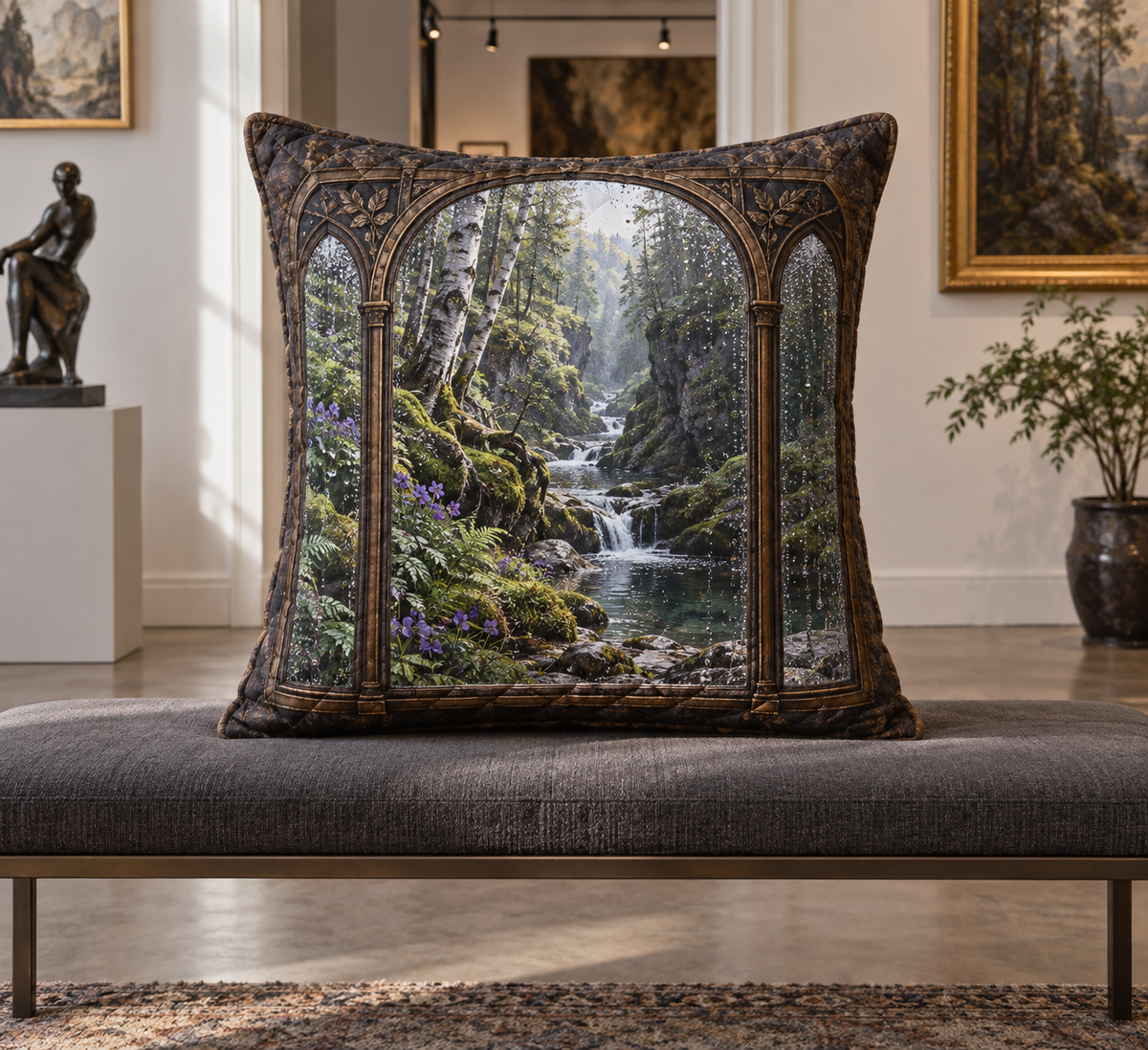Silverthread Gallery Brook Quilted Cushion Cover with printed optical 3D artwork in its use setting