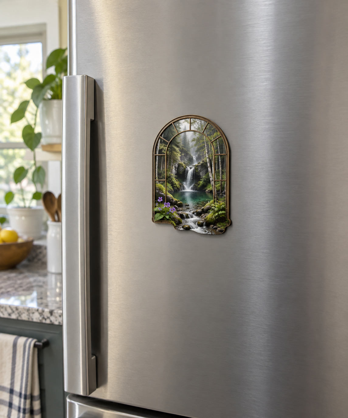 Silverthread Gallery Brook Acrylic Refrigerator Magnet with printed optical 3D artwork in its use setting