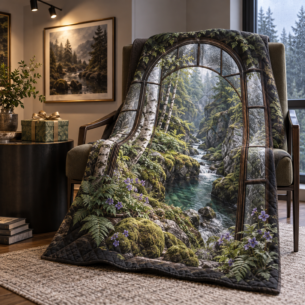 Silverthread Gallery Brook Quilt Blanket with printed optical 3D artwork in its use setting
