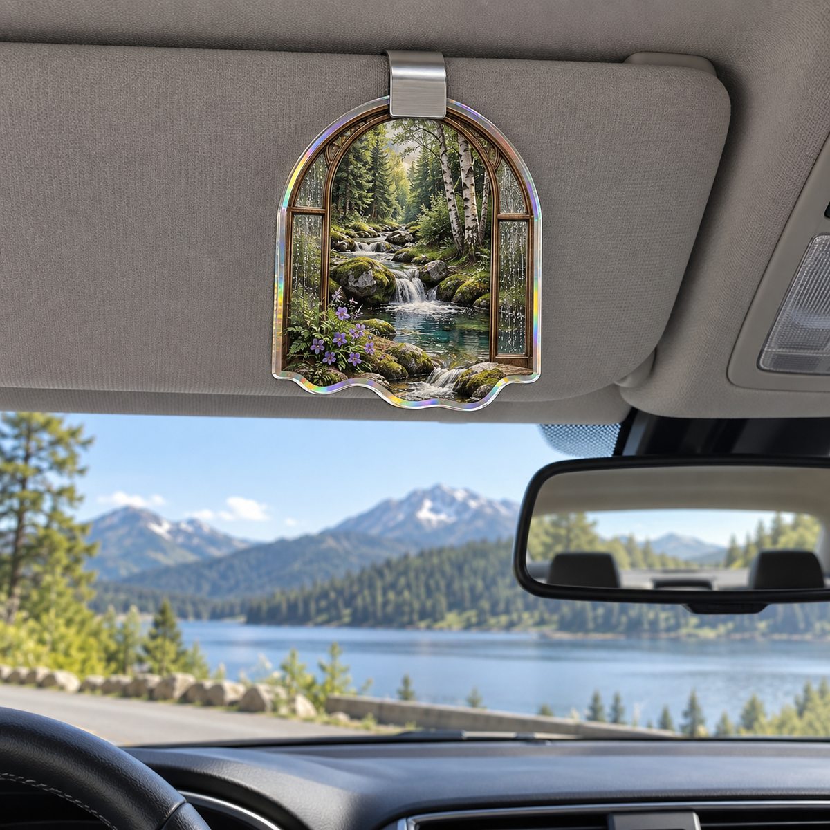 Silverthread Gallery Brook Holographic Car Visor Clip with printed optical 3D artwork in its use setting