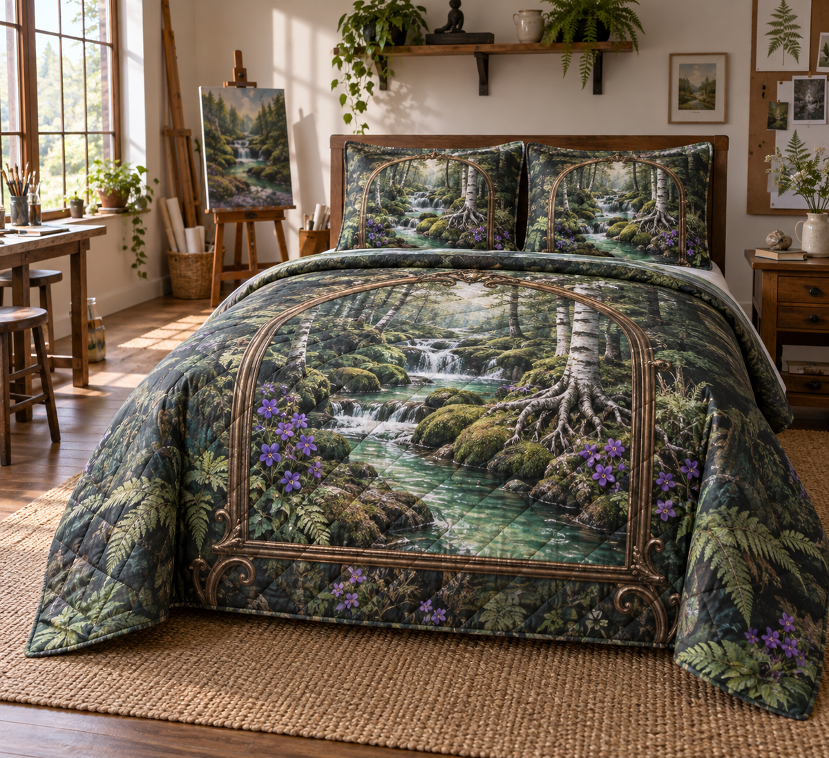 Silverthread Studio Brook Quilted Bedding Set with printed optical 3D artwork in its use setting