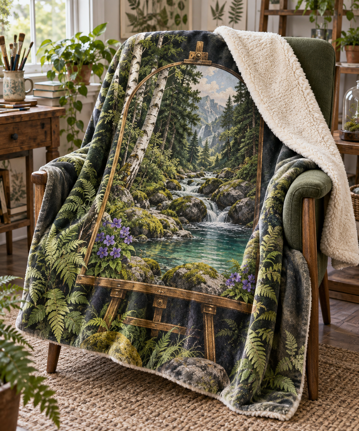 Silverthread Studio Brook Sherpa & Fleece Blanket with printed optical 3D artwork in its use setting