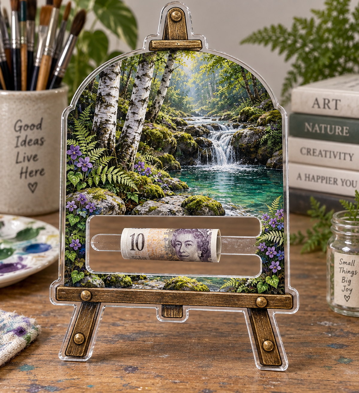 Silverthread Studio Brook Acrylic Cash Holder Ornament with printed optical 3D artwork in its use setting