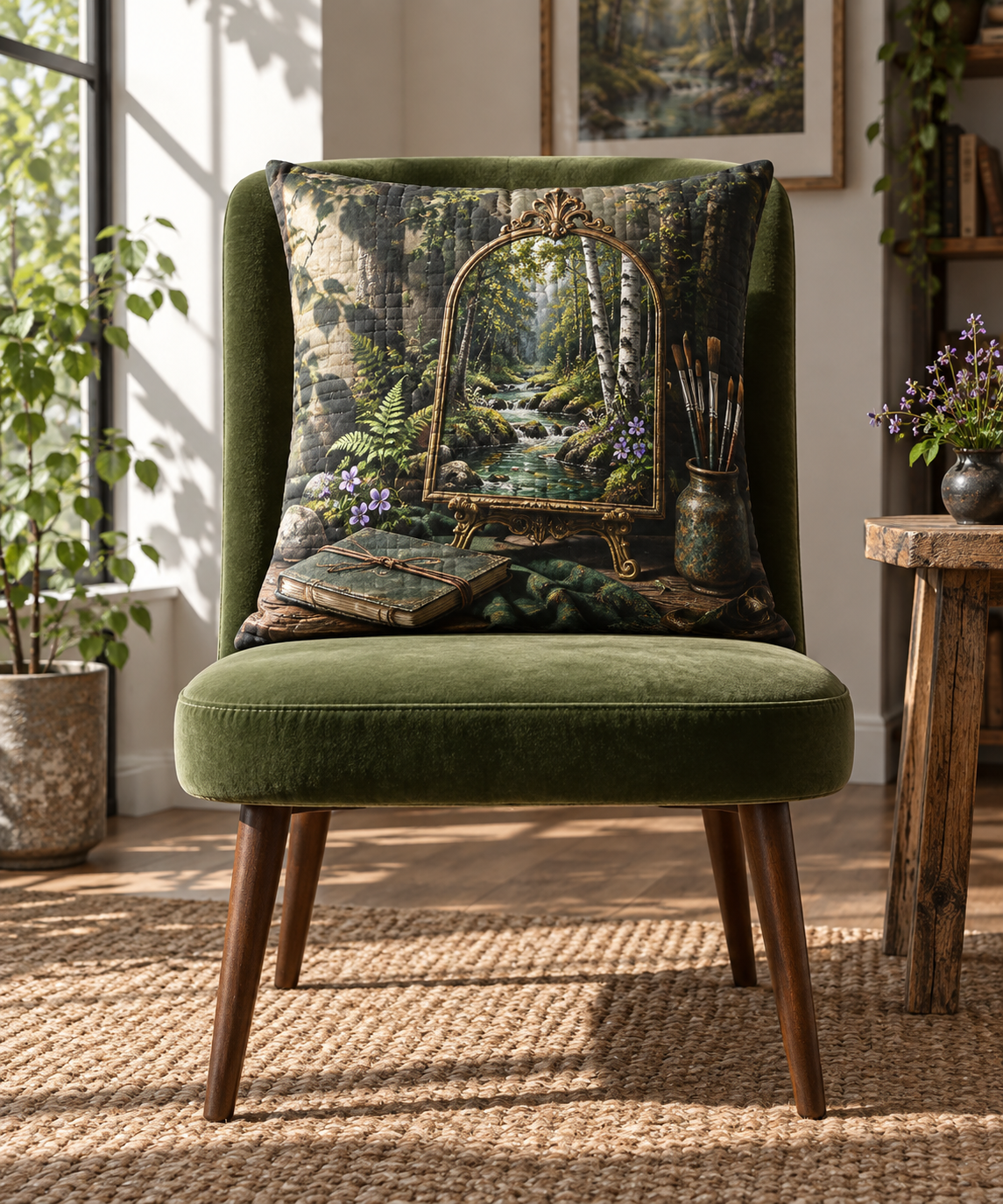 Silverthread Studio Brook Quilted Cushion Cover with printed optical 3D artwork in its use setting