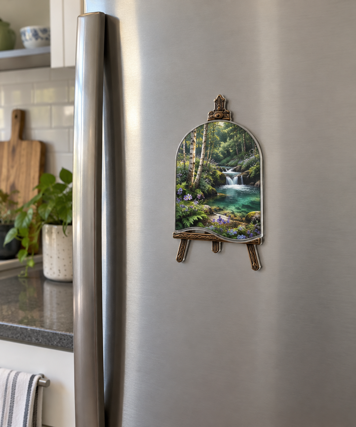 Silverthread Studio Brook Acrylic Refrigerator Magnet with printed optical 3D artwork in its use setting