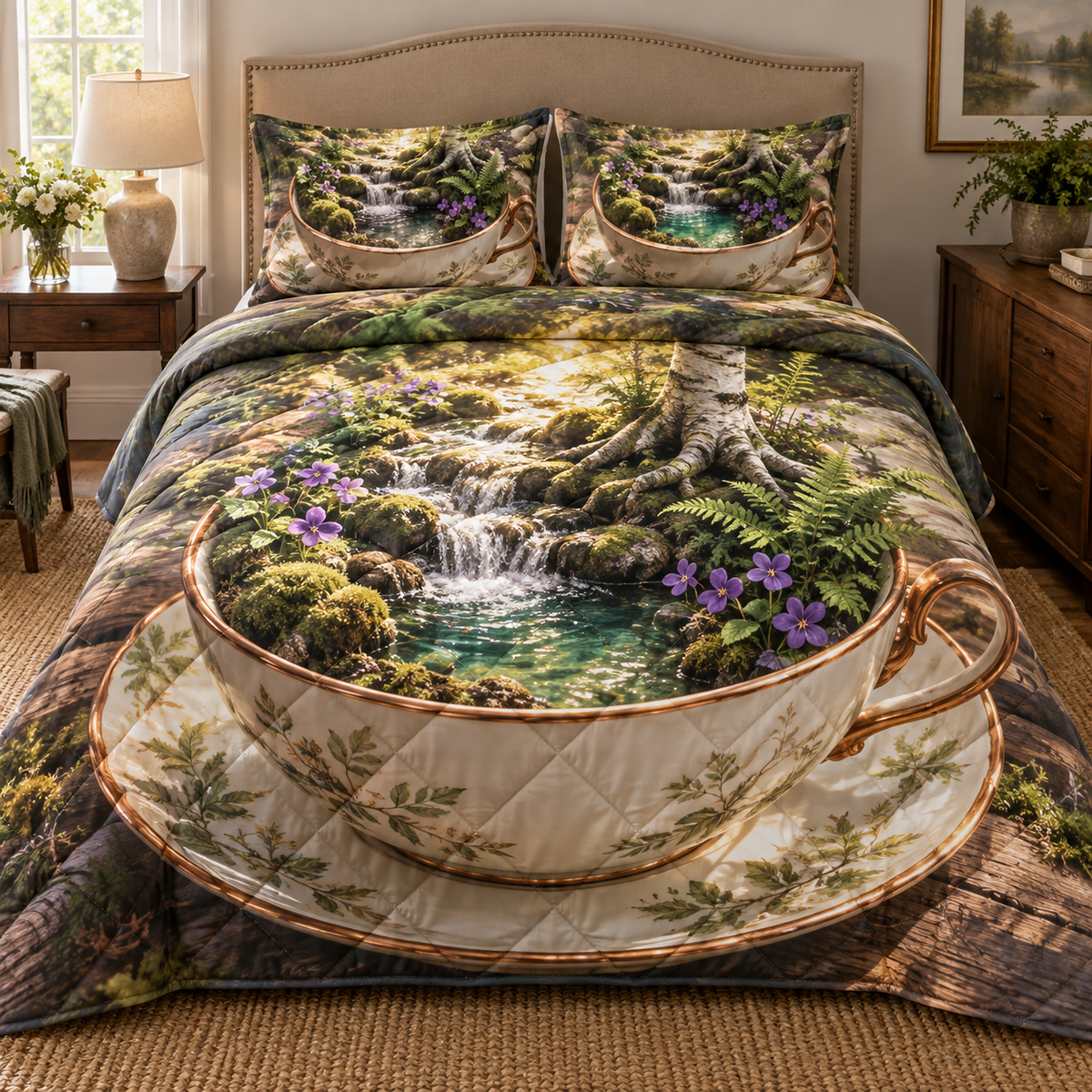 Silverthread Host Brook Quilted Bedding Set with printed optical 3D artwork in its use setting