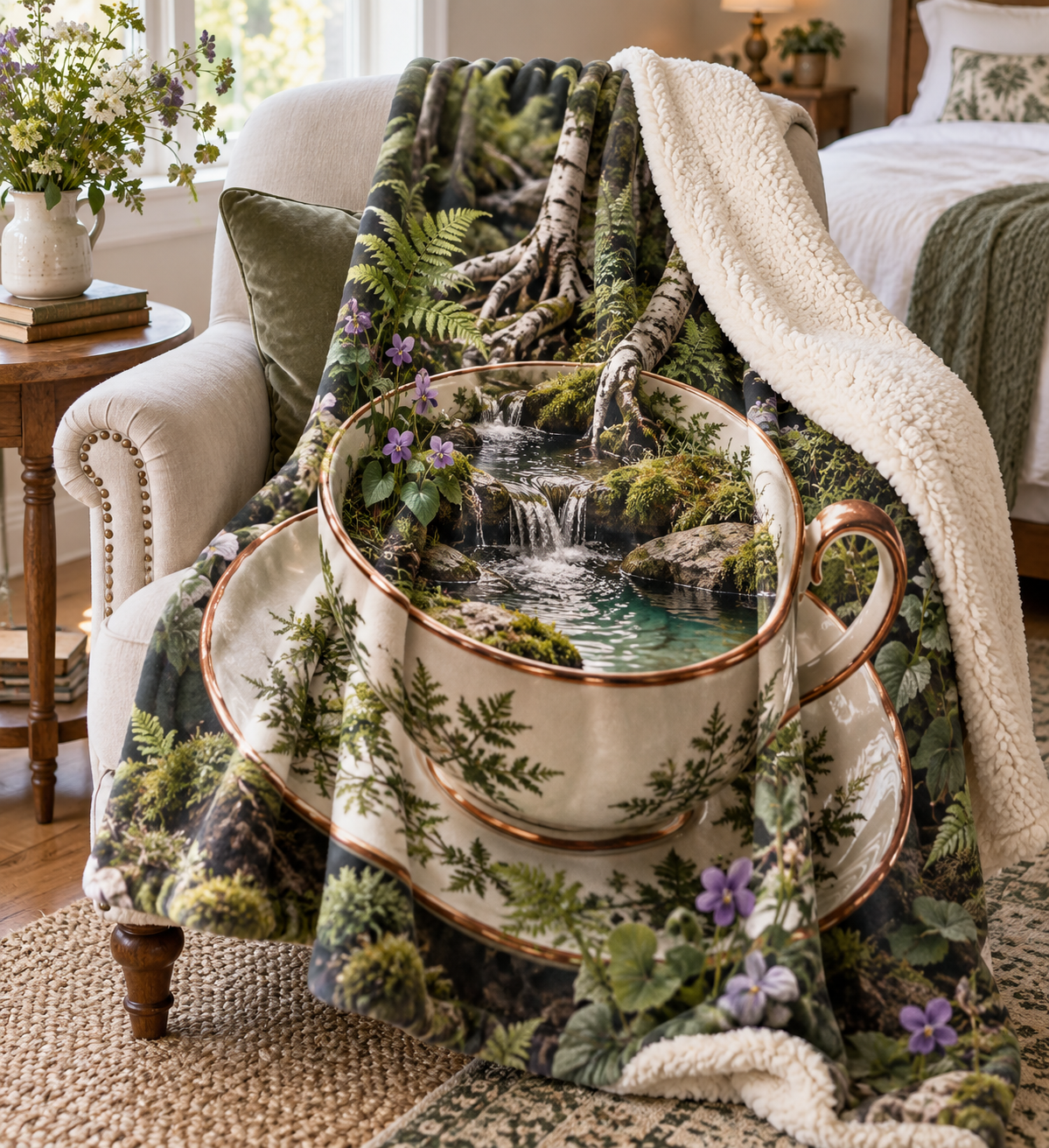 Silverthread Host Brook Sherpa & Fleece Blanket with printed optical 3D artwork in its use setting