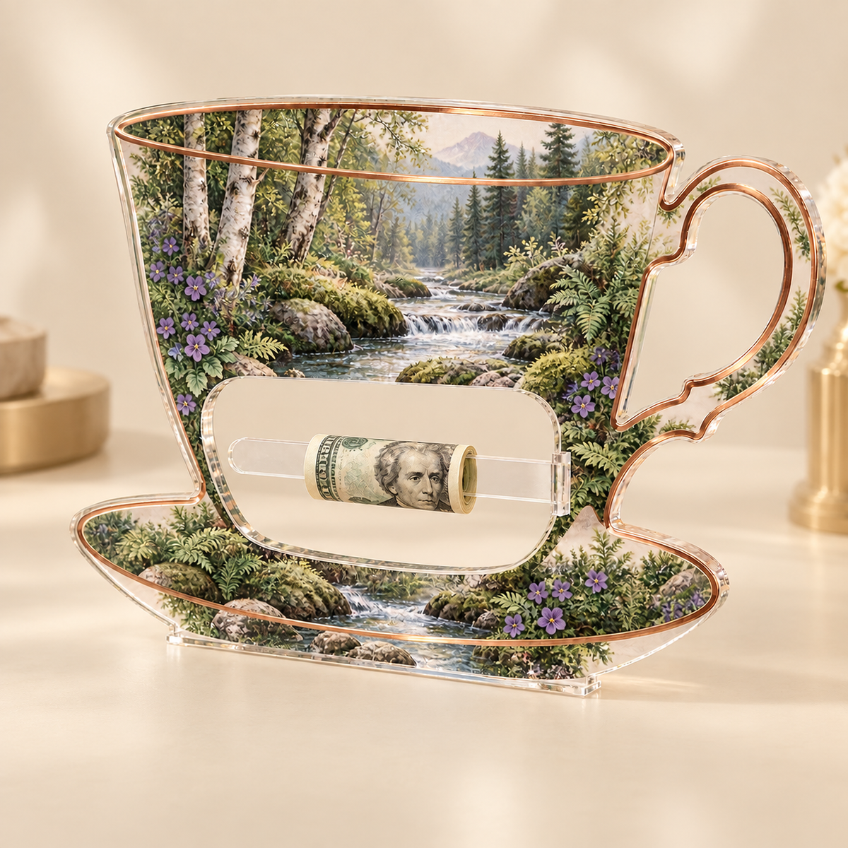 Silverthread Host Brook Acrylic Cash Holder Ornament with printed optical 3D artwork in its use setting