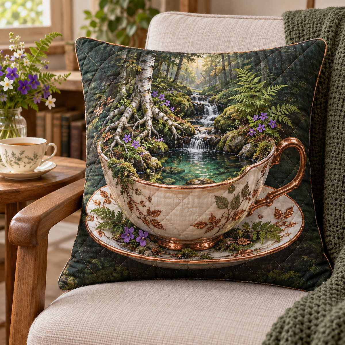 Silverthread Host Brook Quilted Cushion Cover with printed optical 3D artwork in its use setting
