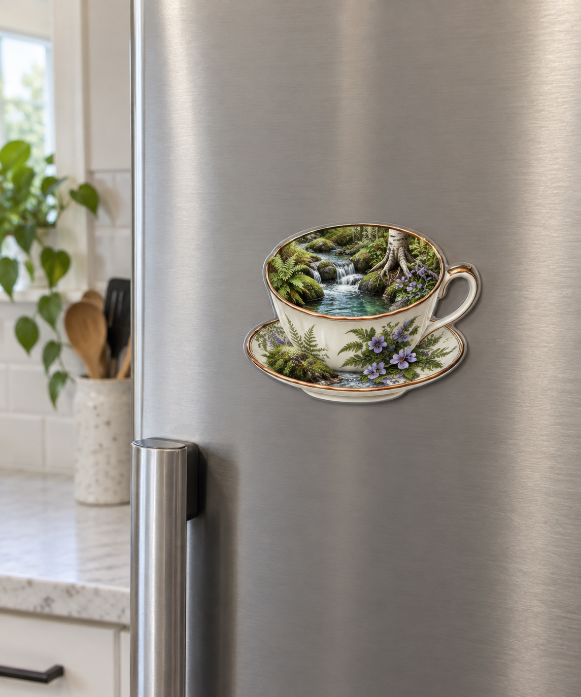 Silverthread Host Brook Acrylic Refrigerator Magnet with printed optical 3D artwork in its use setting