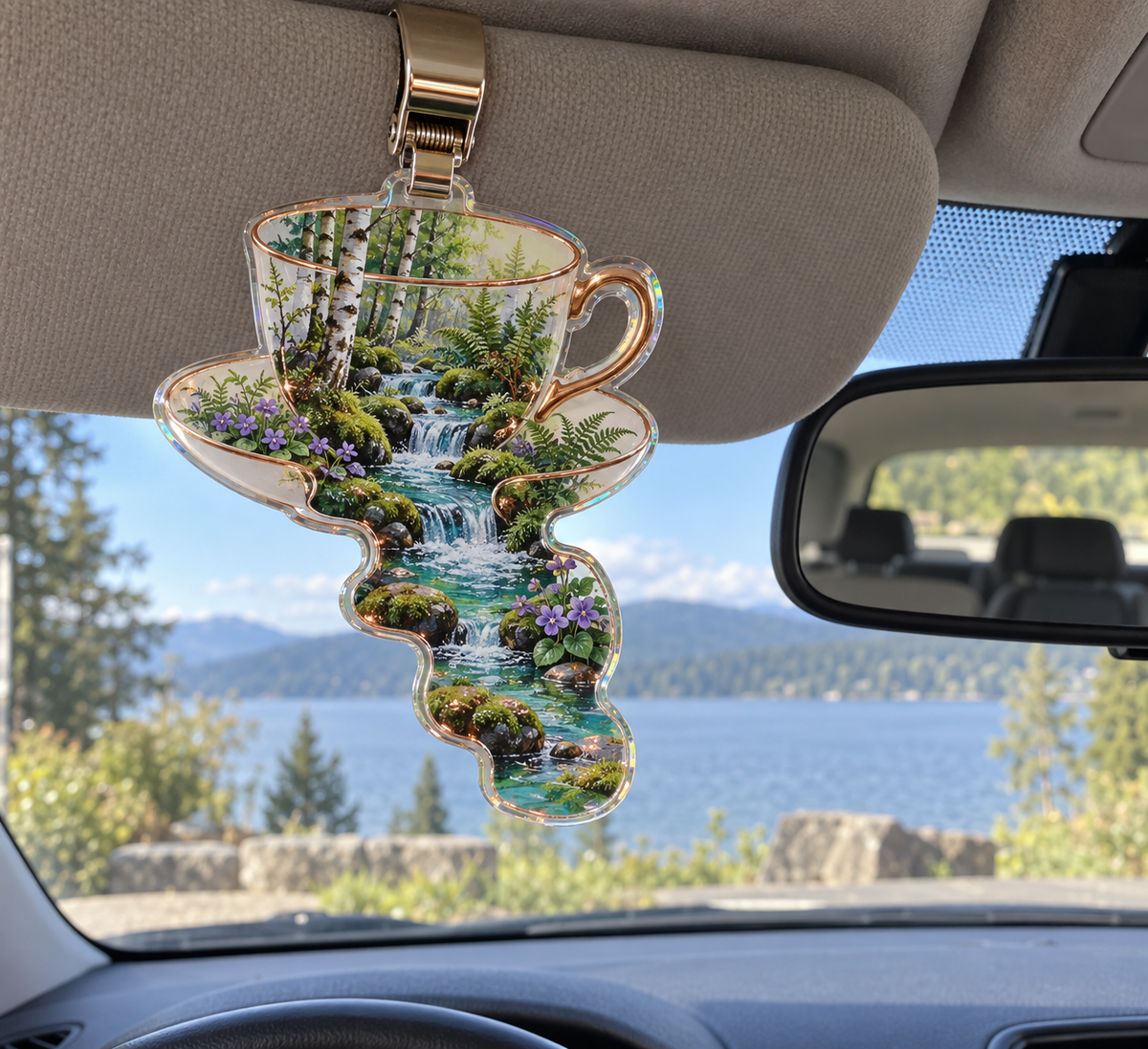 Silverthread Host Brook Holographic Car Visor Clip with printed optical 3D artwork in its use setting