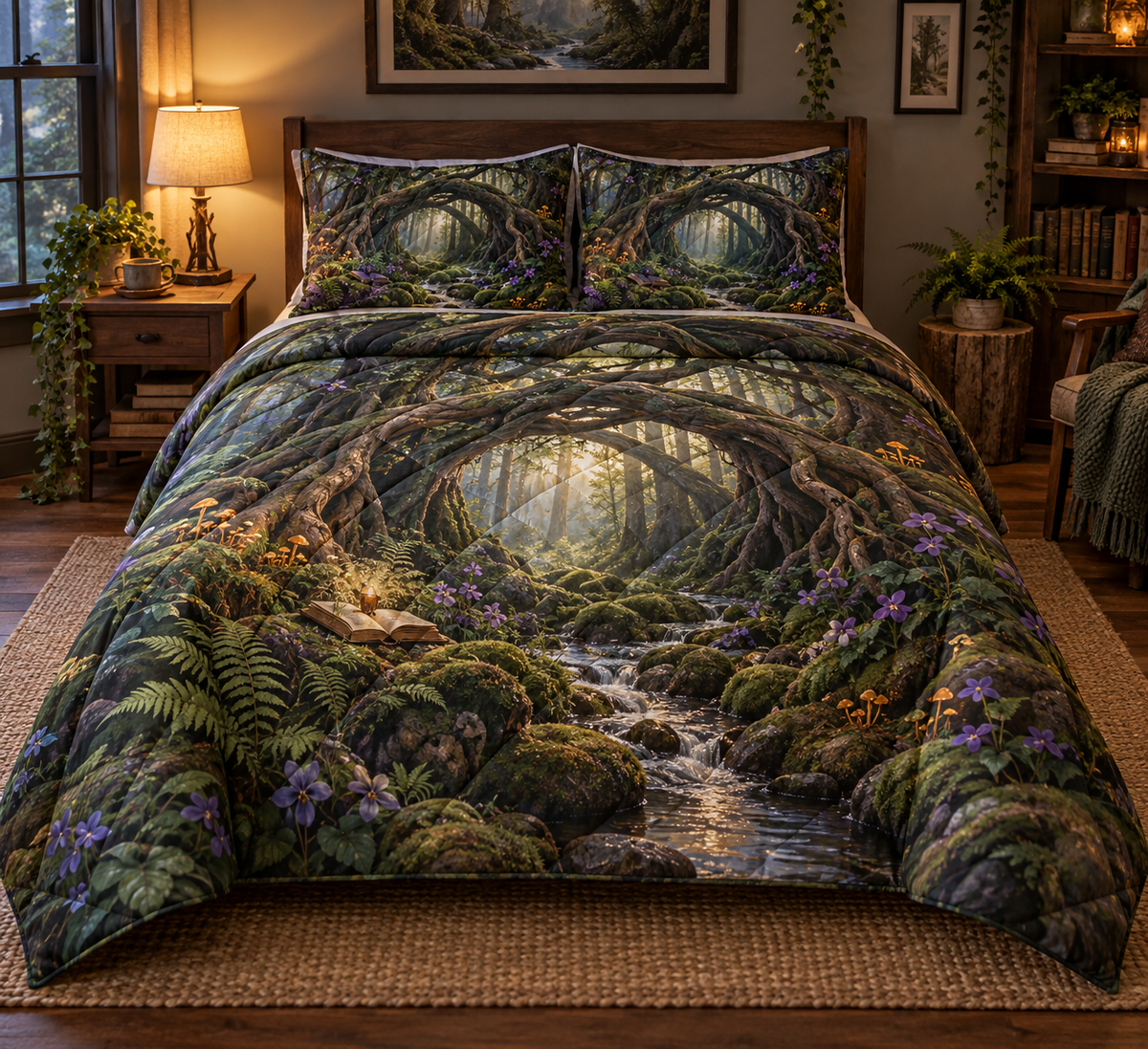 Moonroot Reading Nook Quilted Bedding Set with printed optical 3D artwork in its use setting