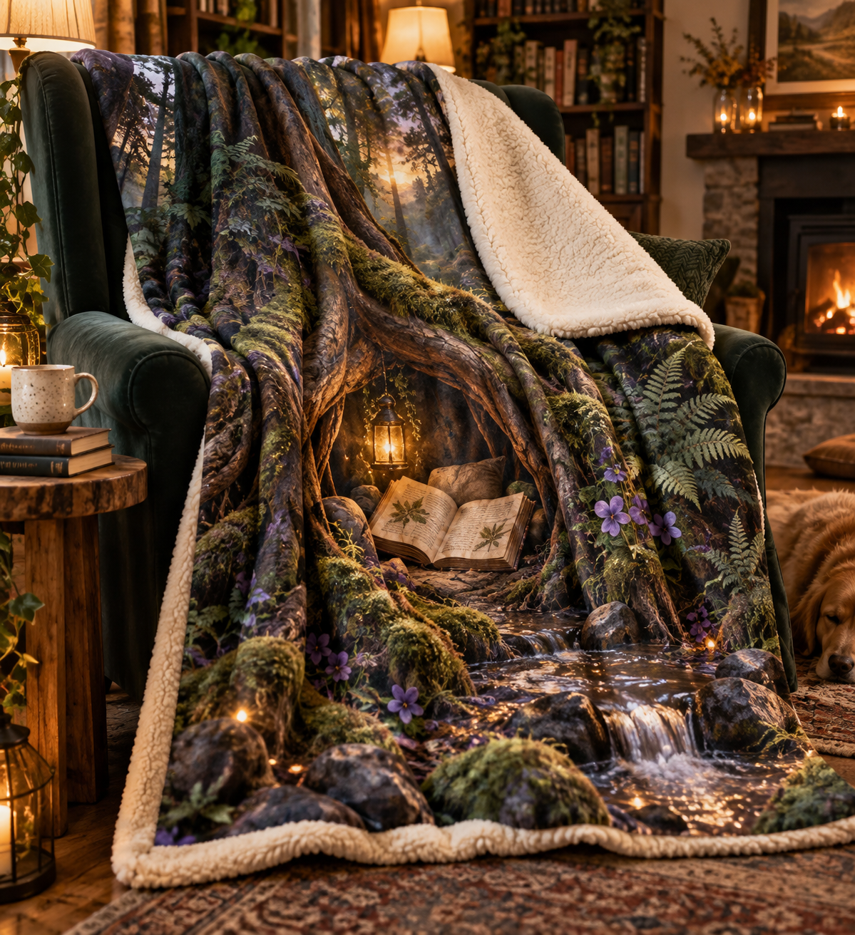 Moonroot Reading Nook Sherpa & Fleece Blanket with printed optical 3D artwork in its use setting