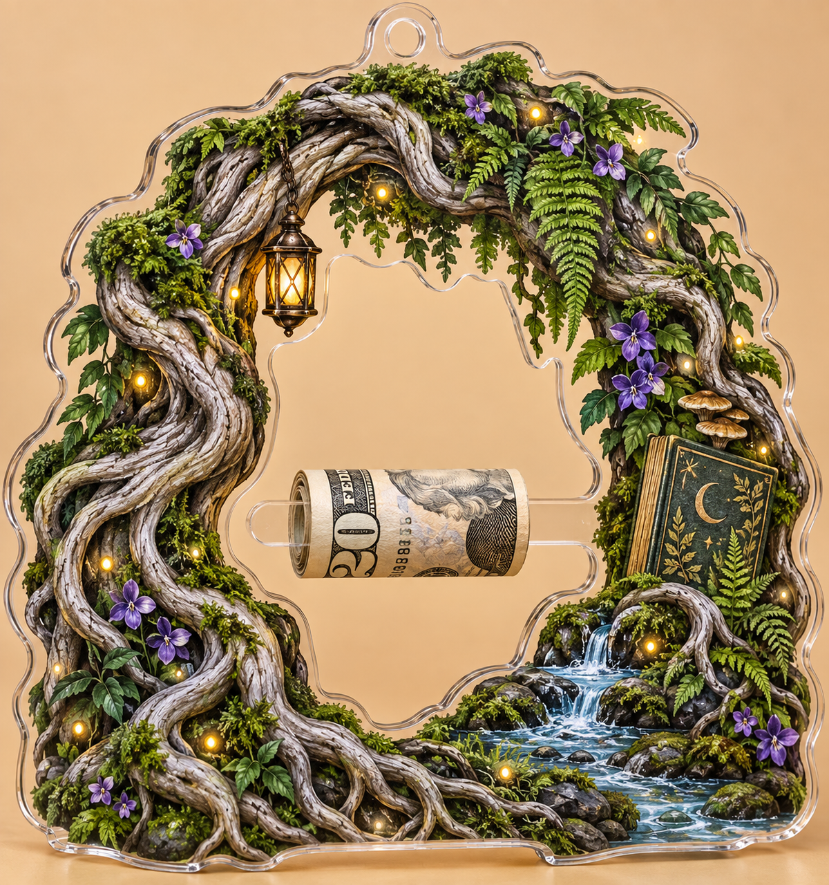 Moonroot Reading Nook Acrylic Cash Holder Ornament with printed optical 3D artwork in its use setting