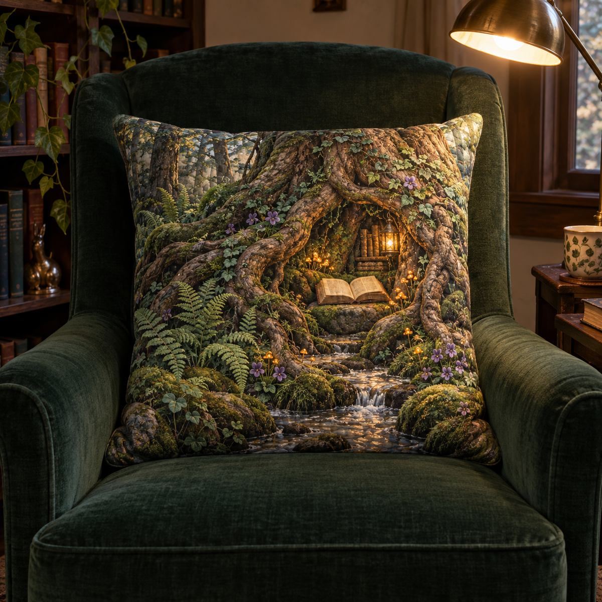 Moonroot Reading Nook Quilted Cushion Cover with printed optical 3D artwork in its use setting