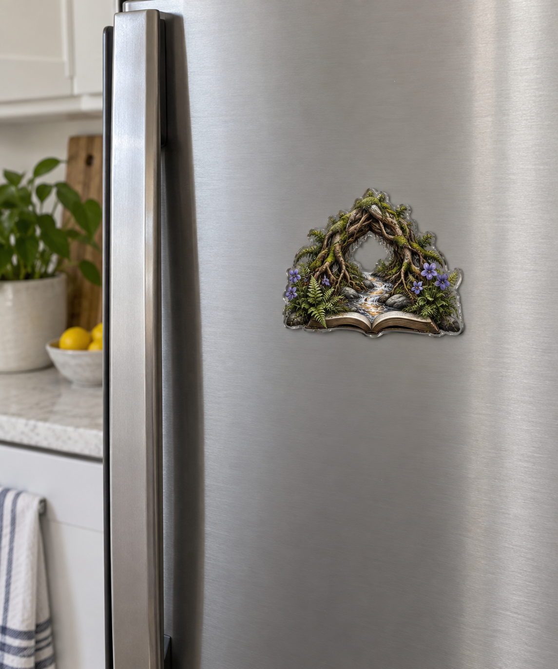 Moonroot Reading Nook Acrylic Refrigerator Magnet with printed optical 3D artwork in its use setting