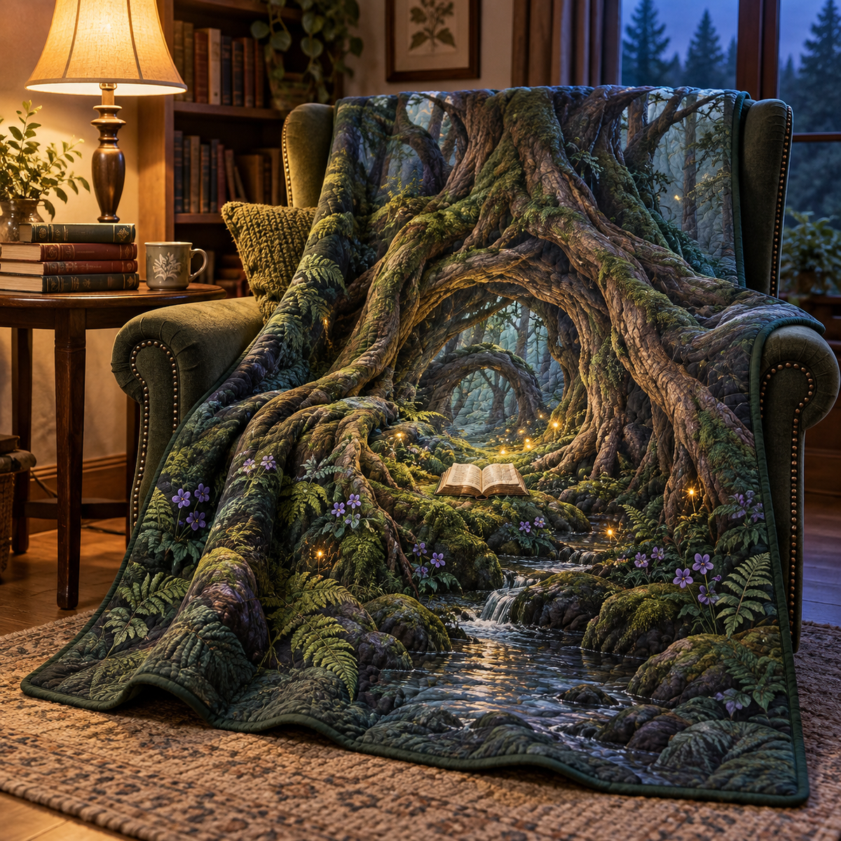 Moonroot Reading Nook Quilt Blanket with printed optical 3D artwork in its use setting