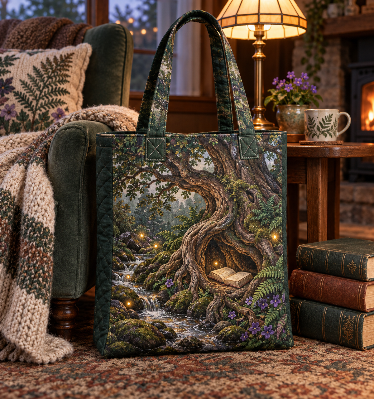 Moonroot Reading Nook Quilted Tote Bag with printed optical 3D artwork in its use setting